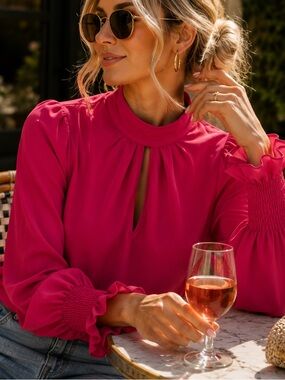 French Connection Fuchsia Keyhole High Neck Blouse